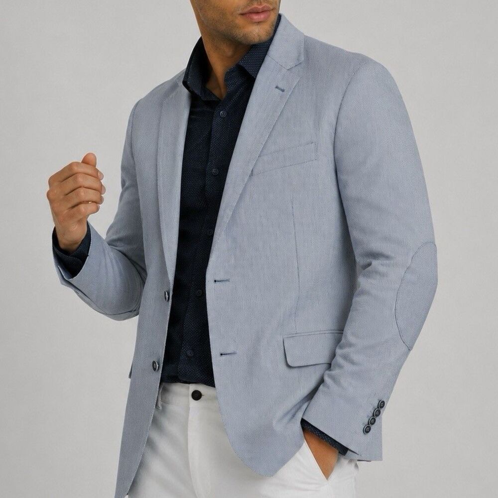 Tailorbyrd 40R Sport Coat Blazer Blue White Pinstripe Stretch Elbow Patches